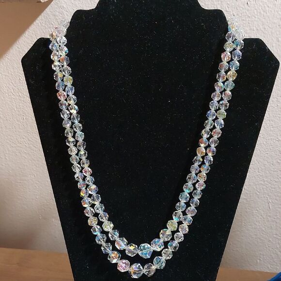 Vintage Jewelry - Vintage Aurora Borealis AB Glass Crystals Double Strand Glam Necklace